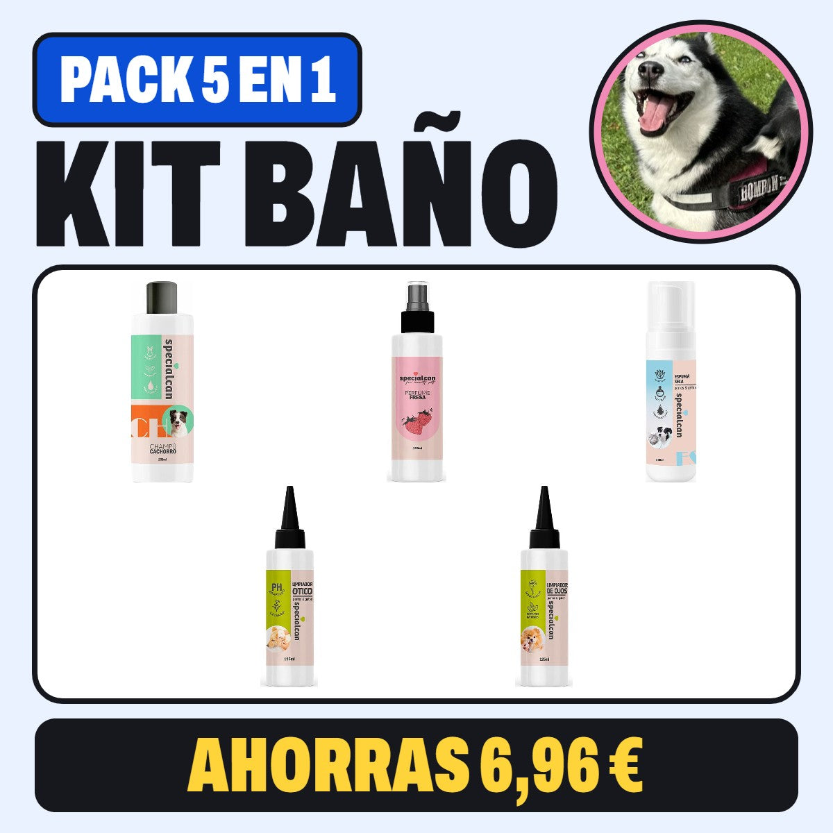 Kit Baño de Max: pack 5 en 1 con champú, colonia, espuma seca y limpiadores de oídos y ojos