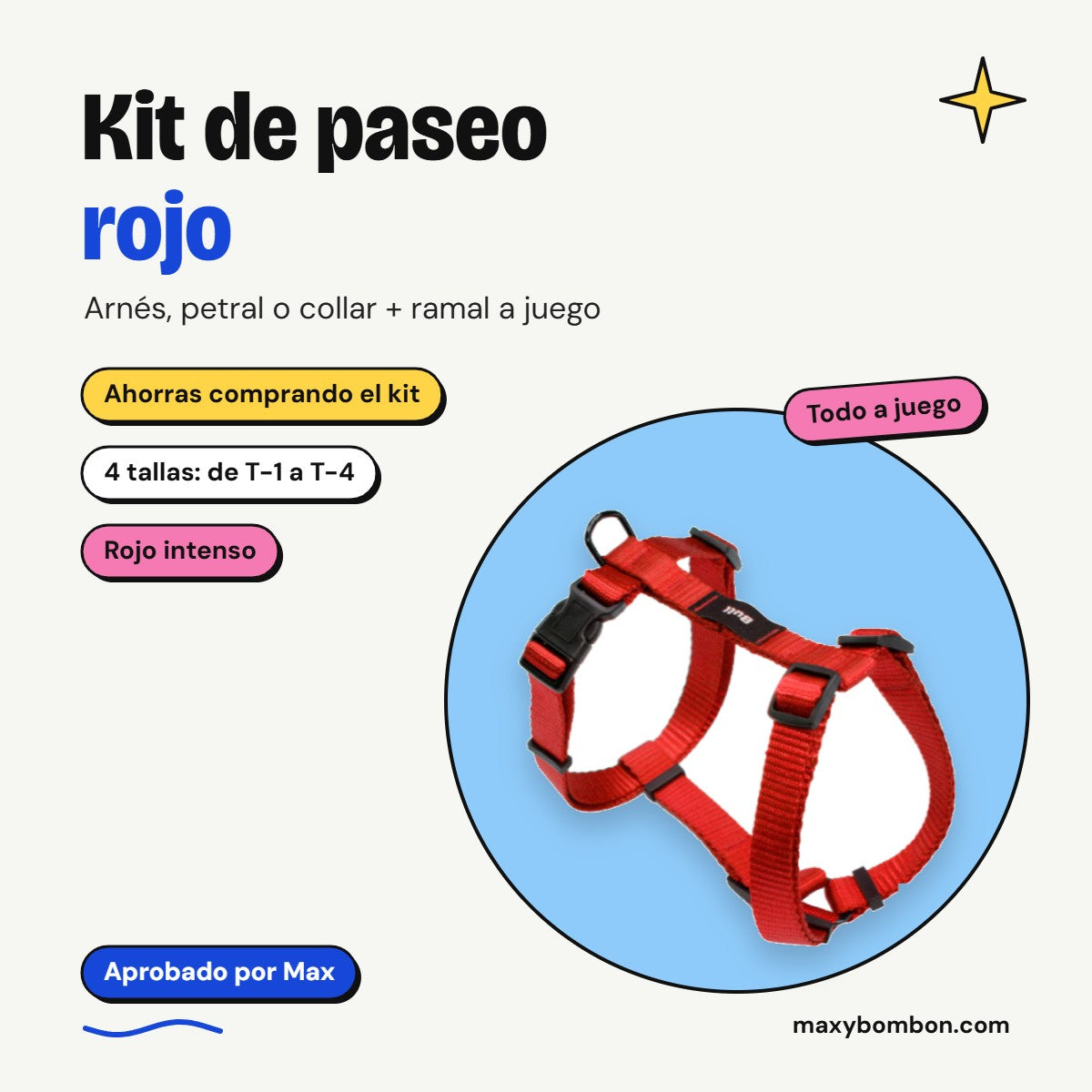 Kit de paseo rojo arnés + correa – Aprobado por Max